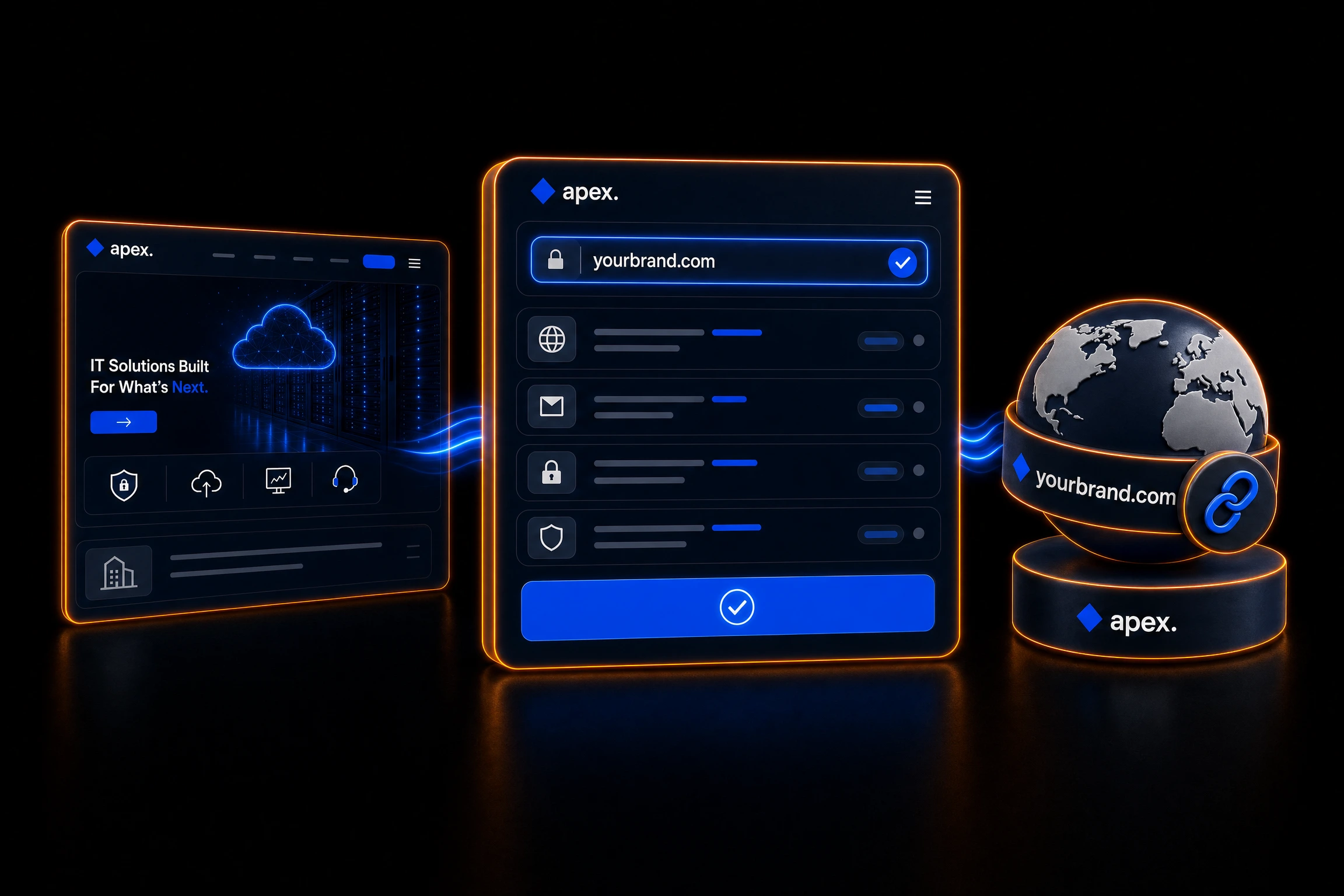 Apex website, domain-control dashboard, and connected custom domain