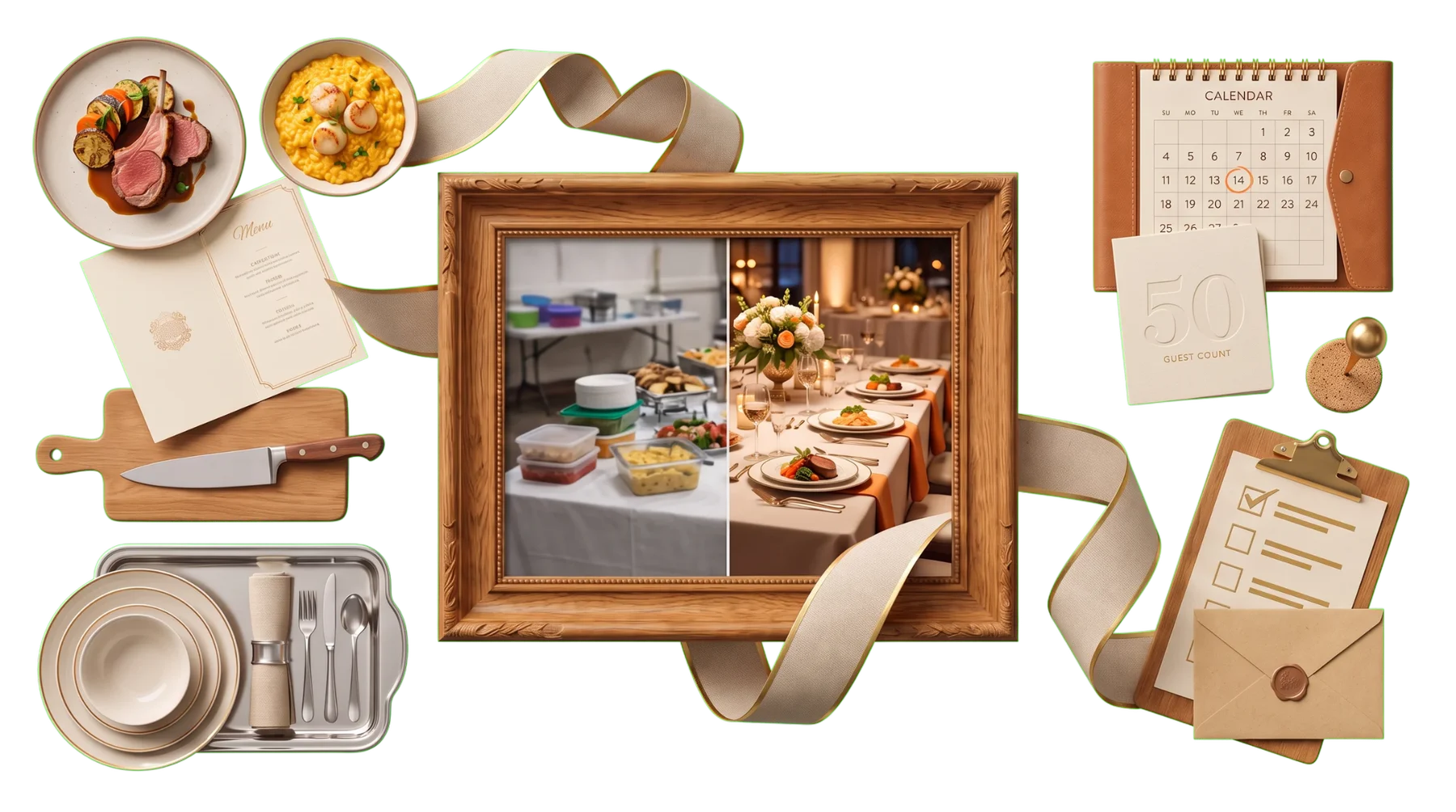 Catering service, before-and-after event proof, and an inquiry path