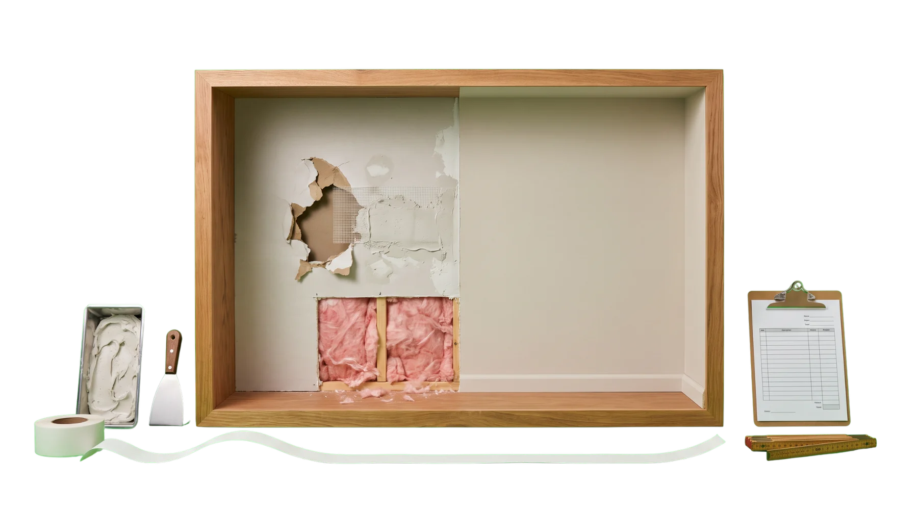 Drywall and insulation work, before-and-after finish proof, and an estimate path