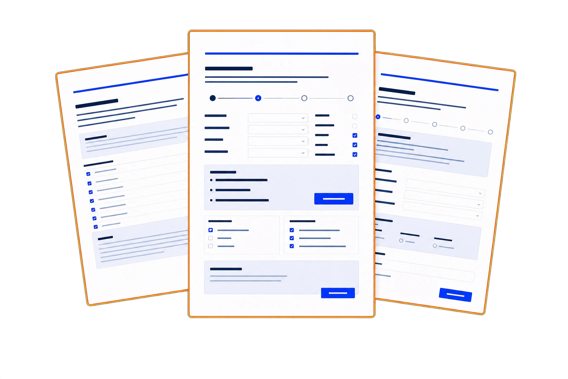Layered client intake documents with abstract form fields and progress details