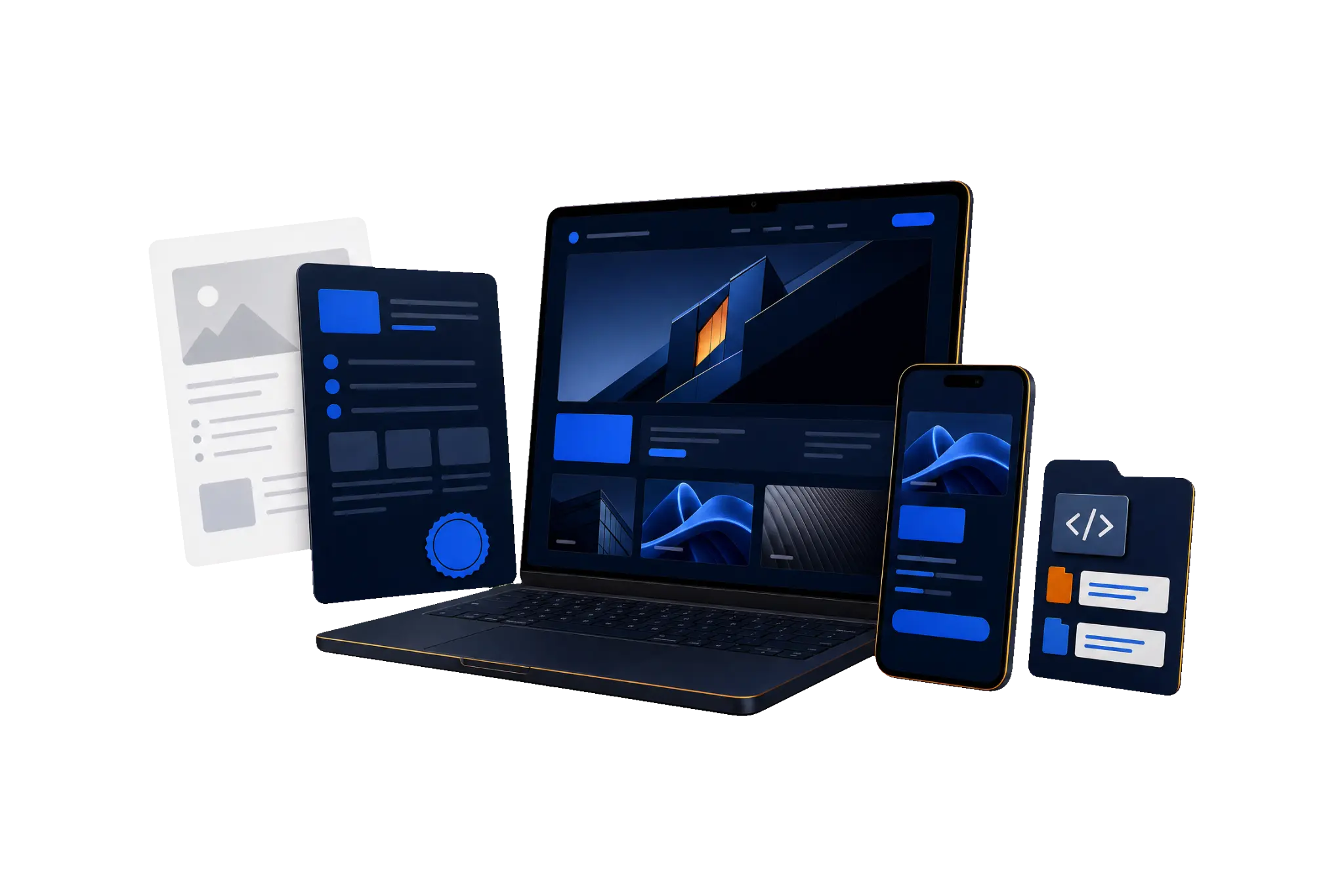 Website project shown across laptop, phone, and development handoff assets