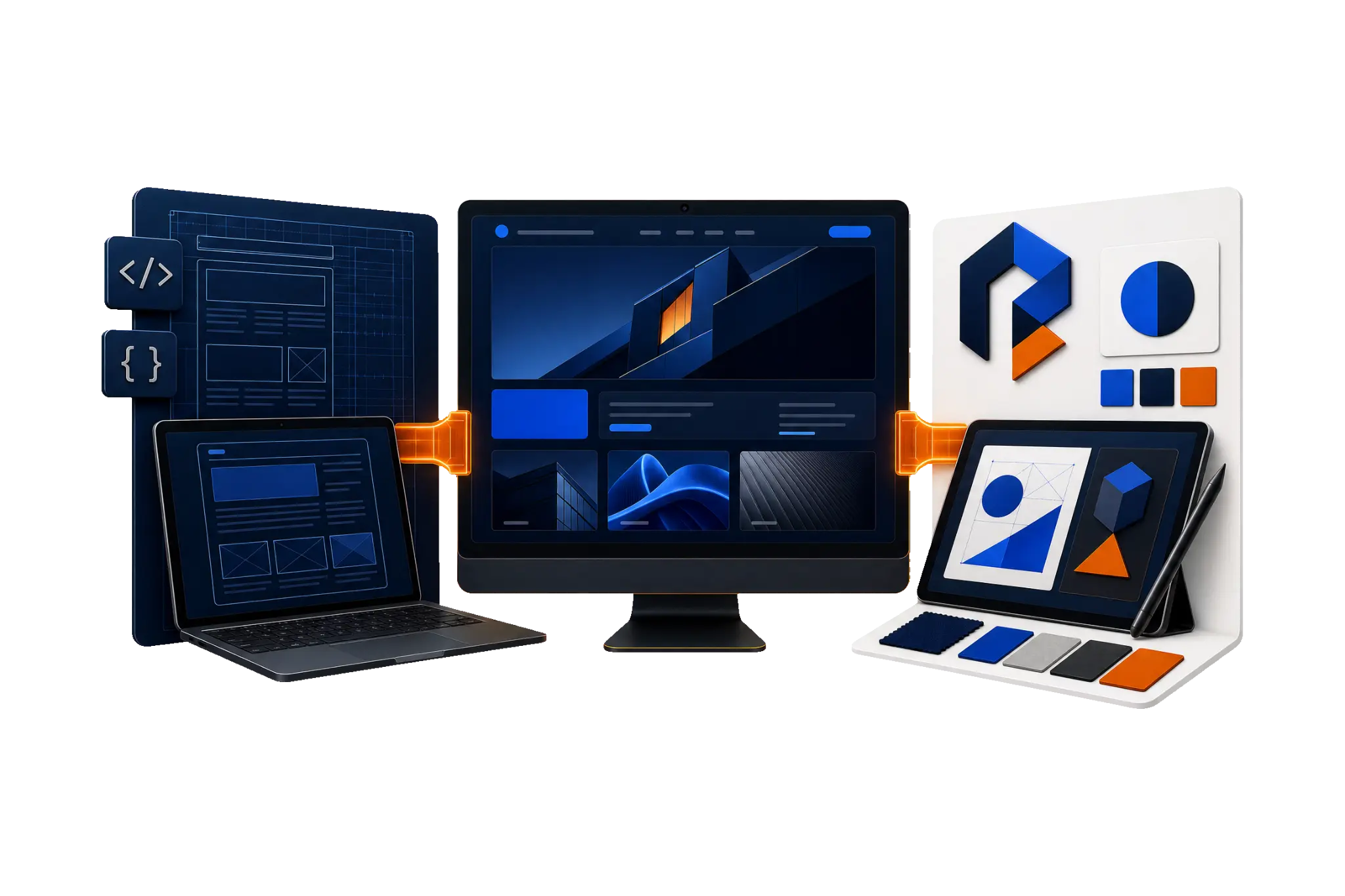 Website, brand system, and ongoing support experience shown across digital devices