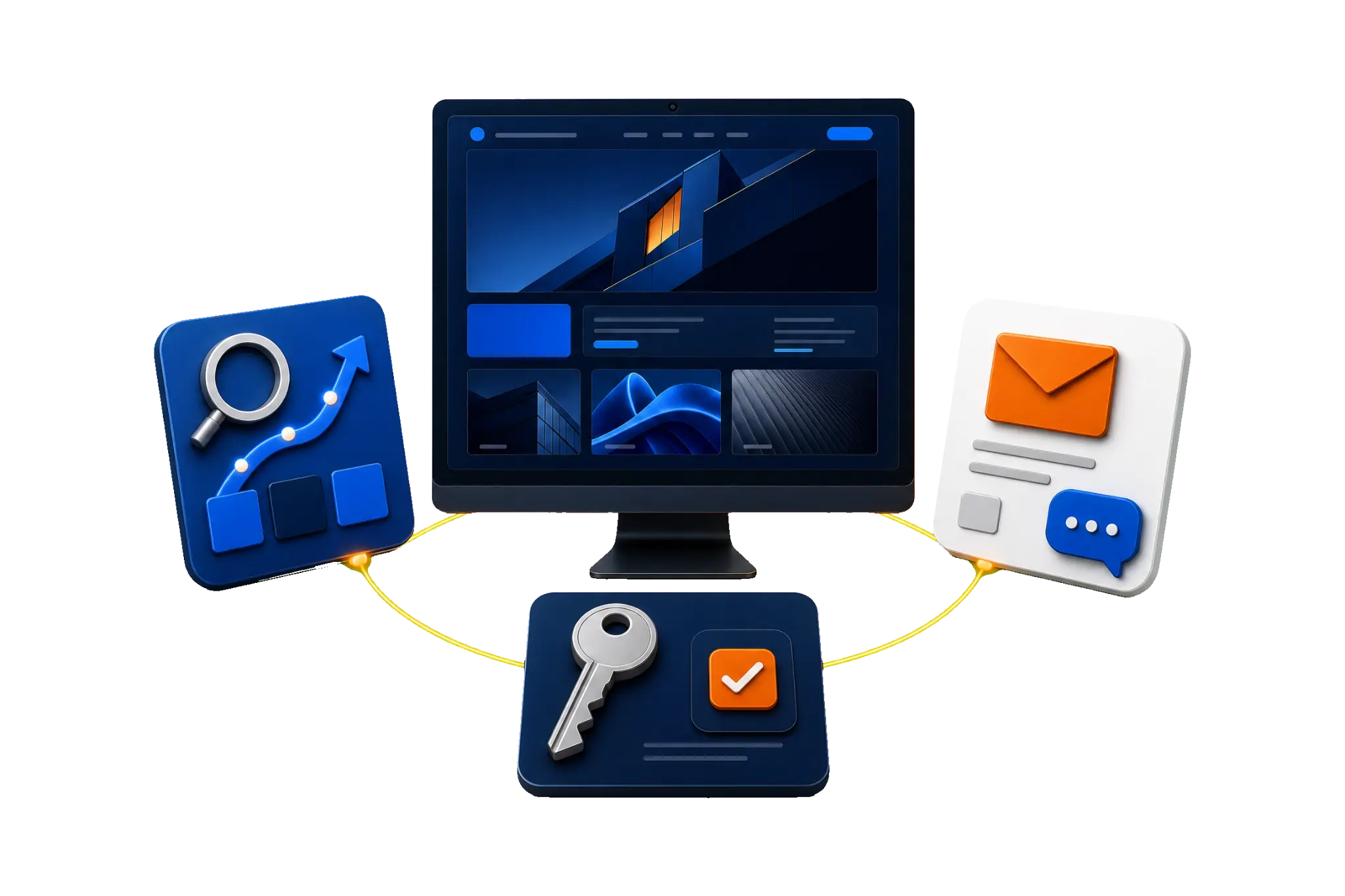 Website growth, messages, search visibility, and launch readiness presented across digital business tools
