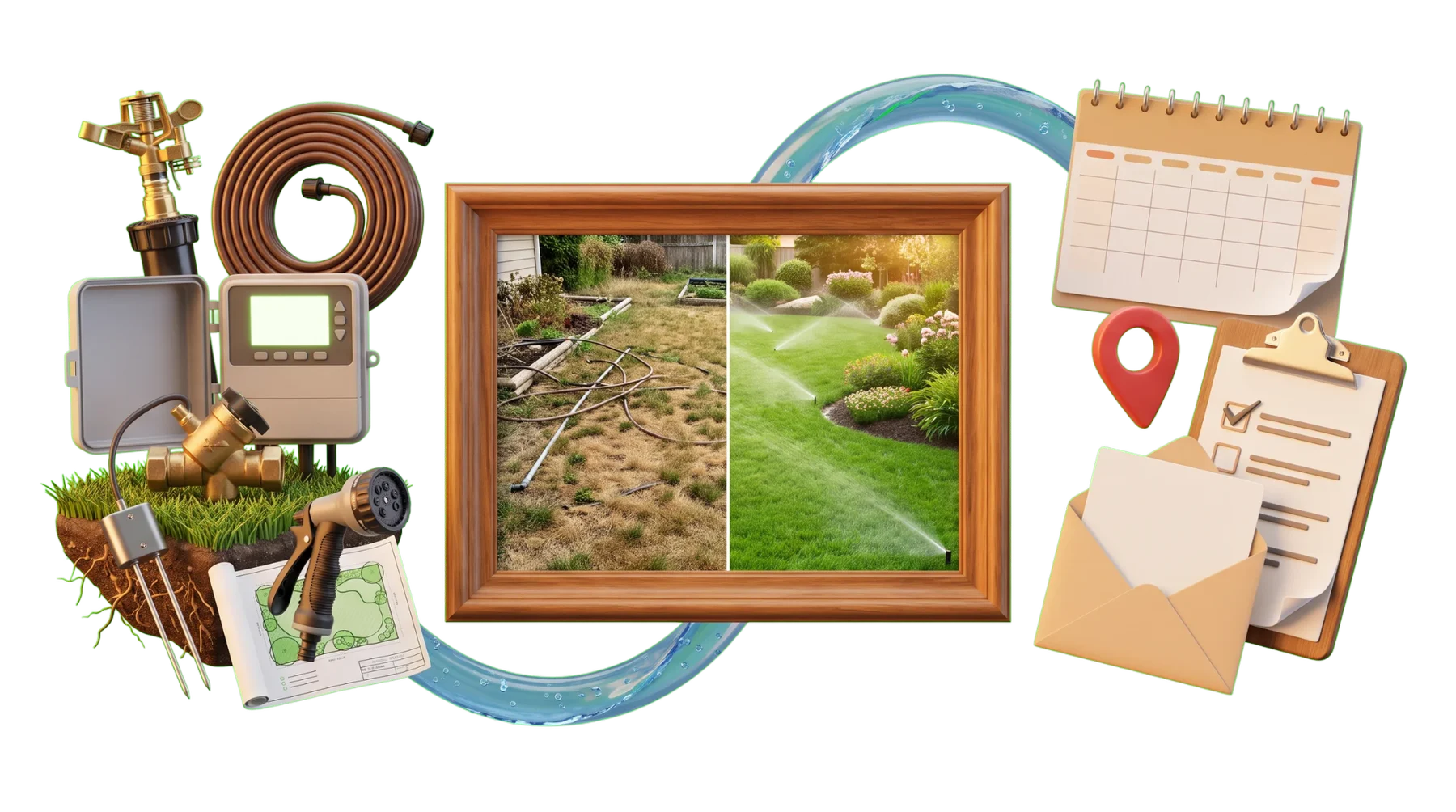 Irrigation service, before-and-after lawn proof, and a seasonal service path