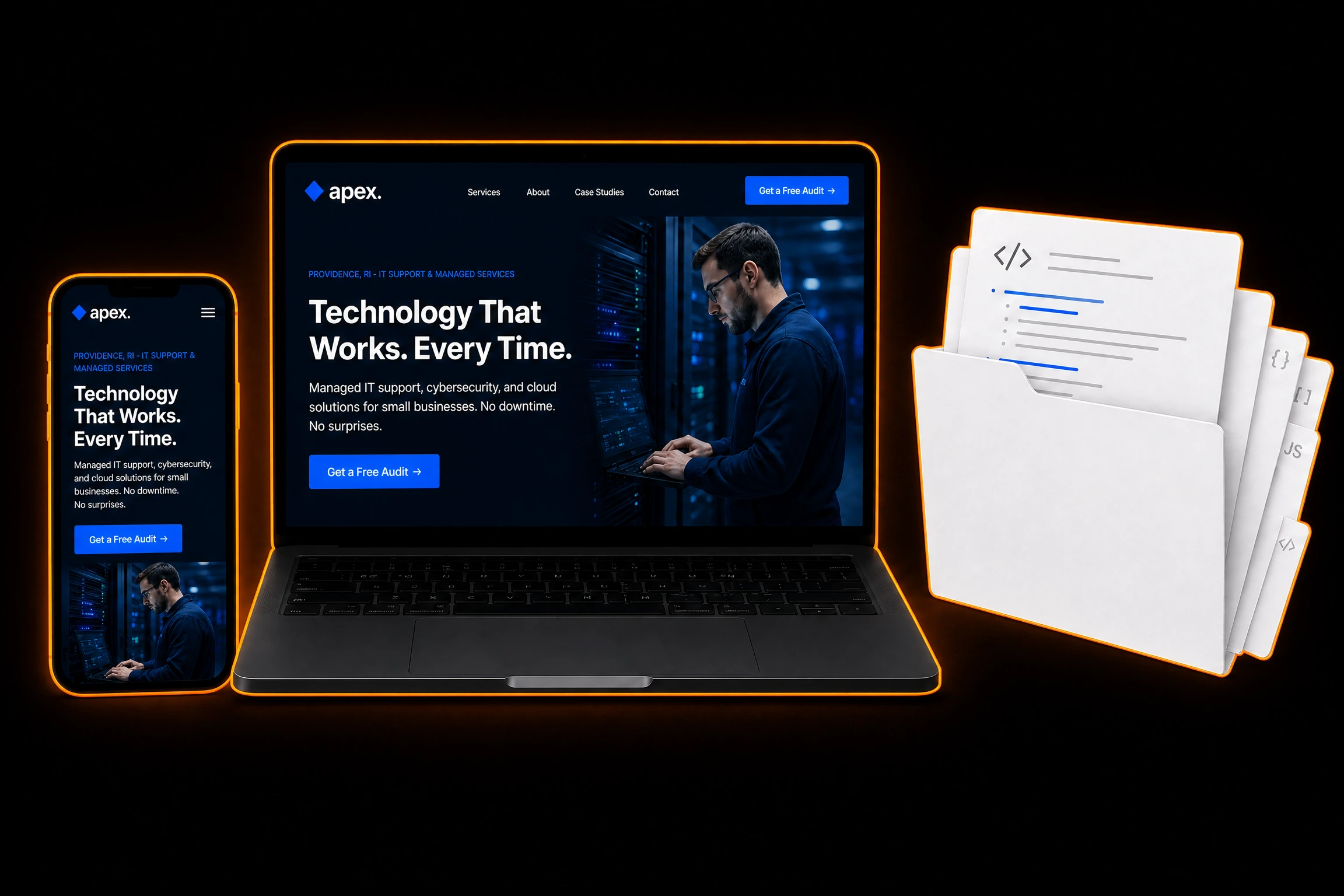 Apex IT Solutions live website beside its organized project handoff folder