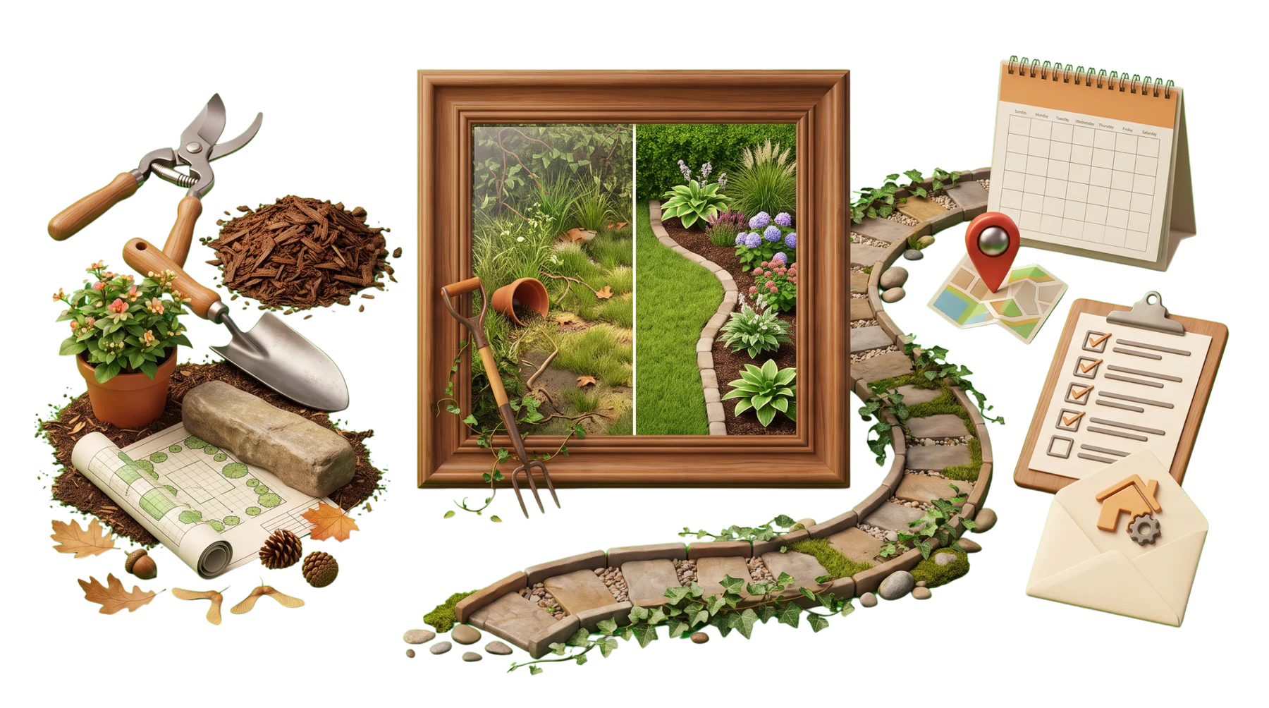 Landscaping service, before-and-after property proof, and a maintenance path