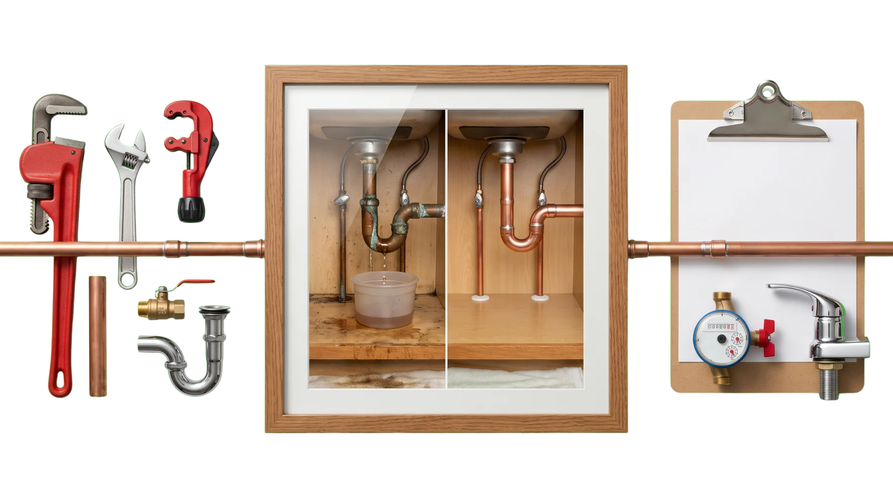 Plumbing service, before-and-after repair proof, and an estimate path