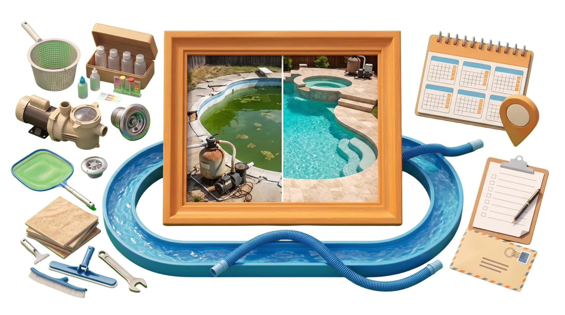 Pool and spa service, before-and-after water-care proof, and a service path