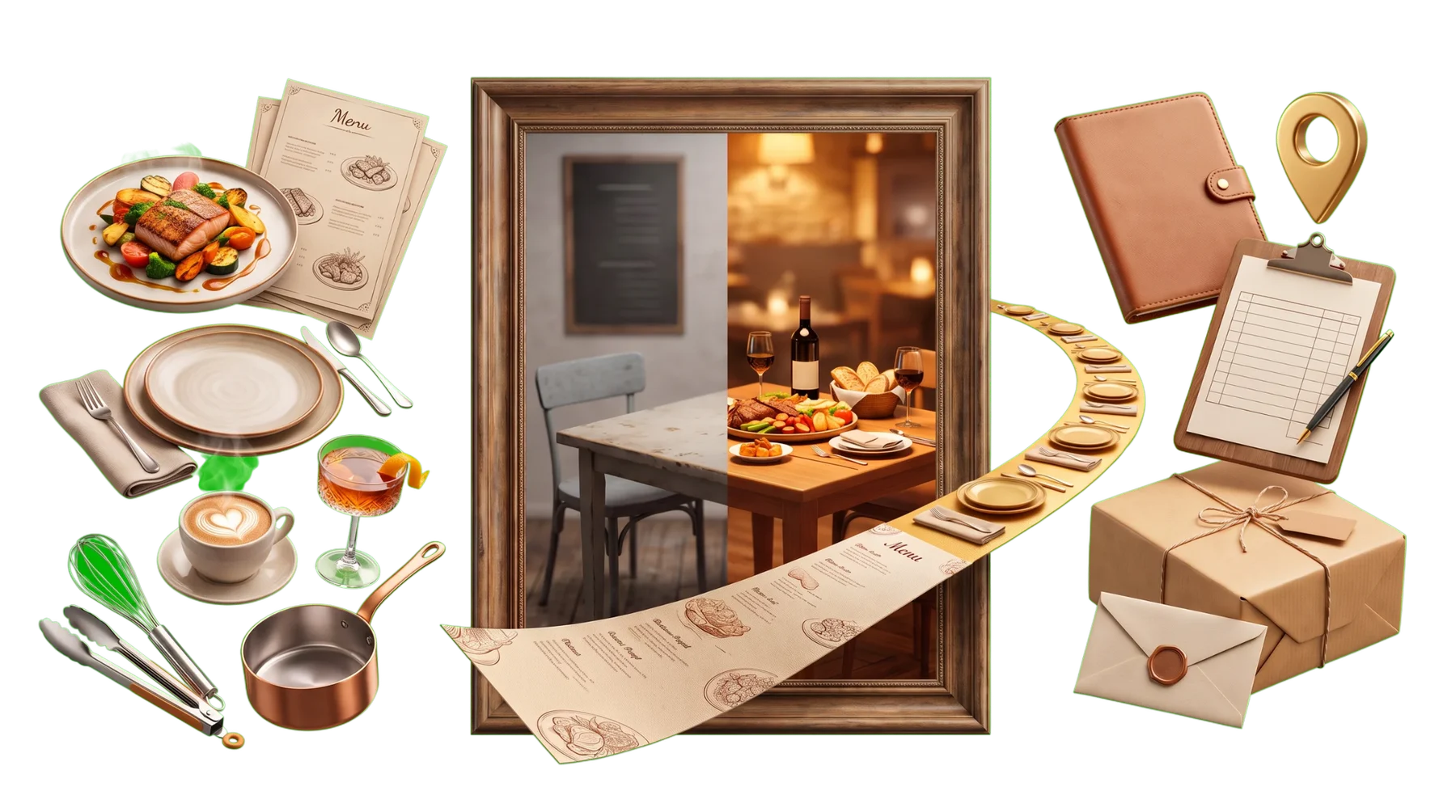 Restaurant service, before-and-after dining proof, and a reservation path
