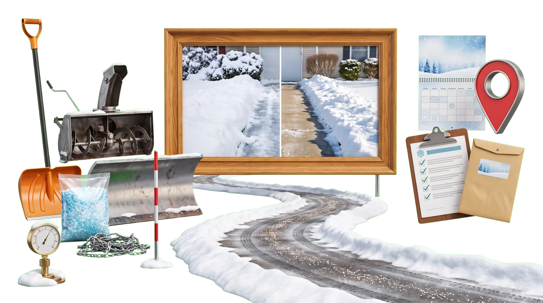 Snow removal service, before-and-after driveway proof, and a contract inquiry path