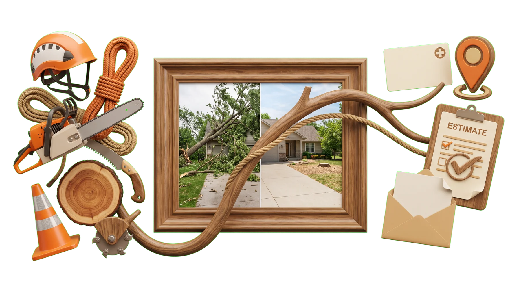 Tree service work, before-and-after storm cleanup proof, and an estimate path