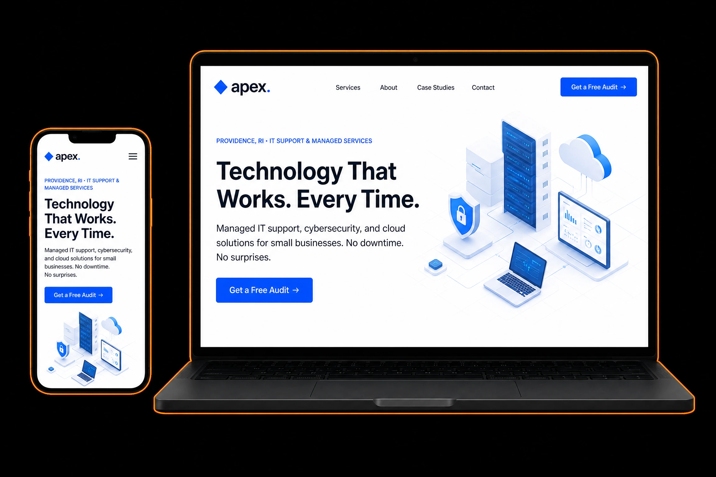 Apex IT Solutions website draft displayed on a laptop and phone for review